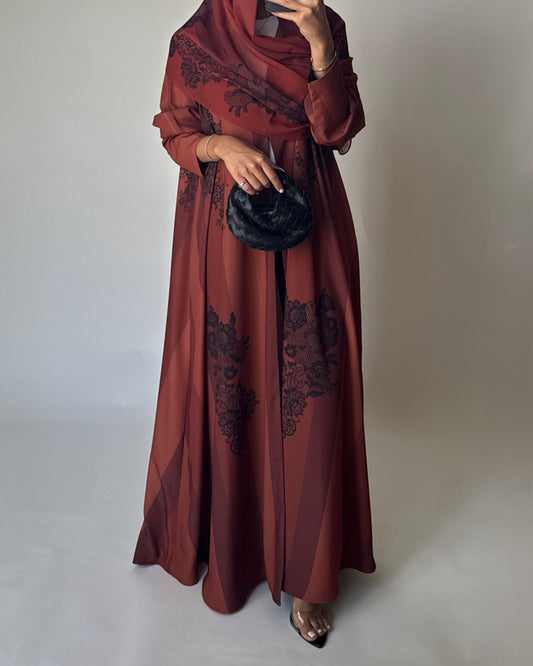 A579 - Burnt Orange Striped Abaya with Black Lace Pattern A-Cut Abaya & Matching Head Scarf