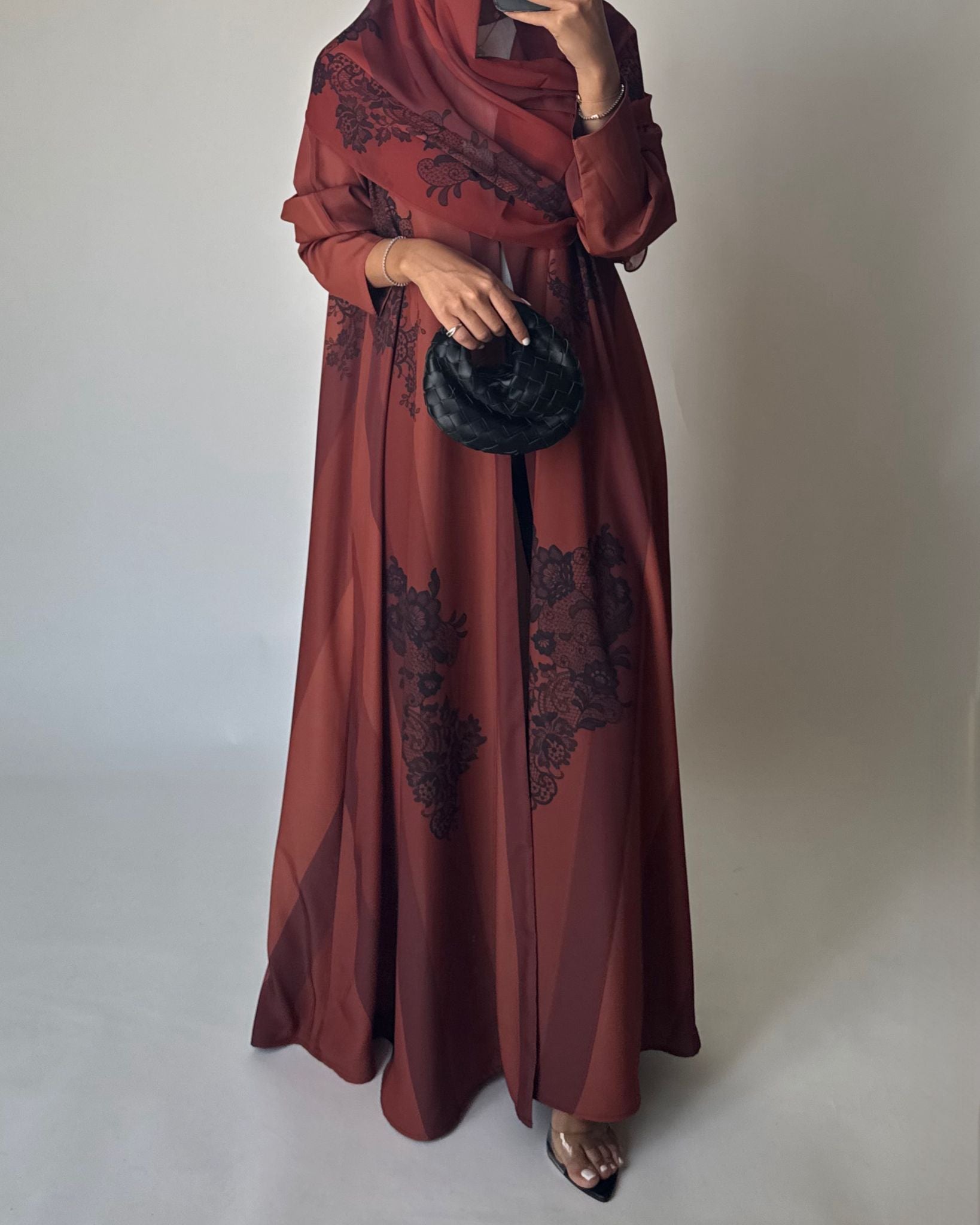 A579 - Burnt Orange Striped Abaya with Black Lace Pattern A-Cut Abaya & Matching Head Scarf