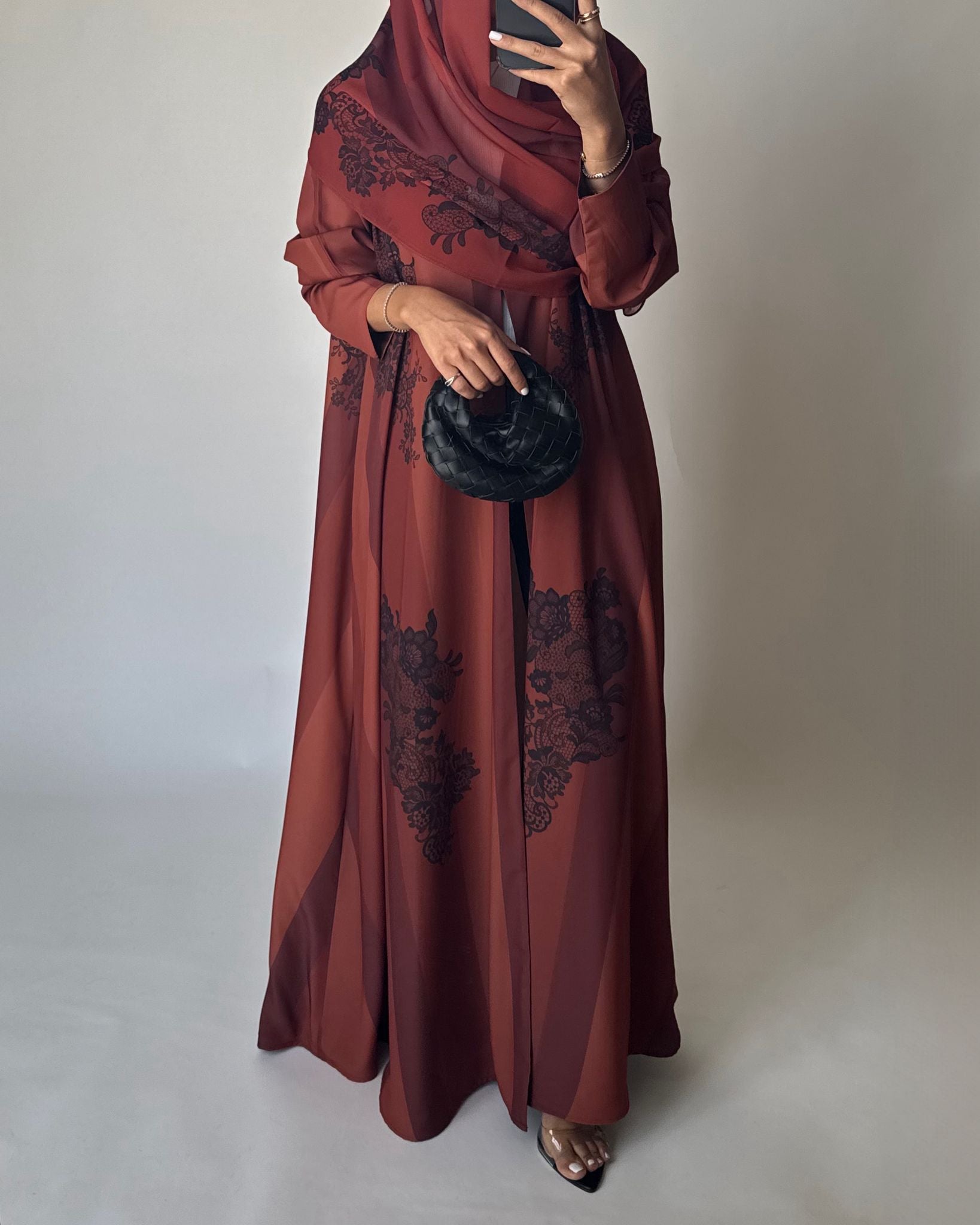 A579 - Burnt Orange Striped Abaya with Black Lace Pattern A-Cut Abaya & Matching Head Scarf