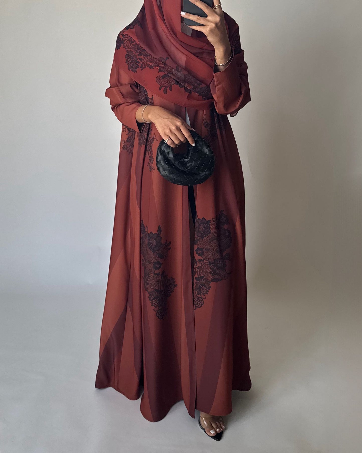 A579 - Burnt Orange Striped Abaya with Black Lace Pattern A-Cut Abaya & Matching Head Scarf