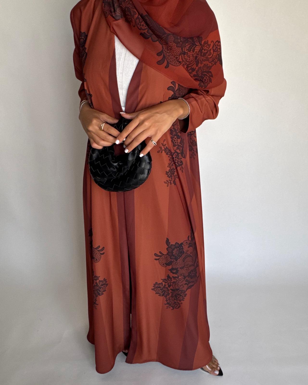 A579 - Burnt Orange Striped Abaya with Black Lace Pattern A-Cut Abaya & Matching Head Scarf