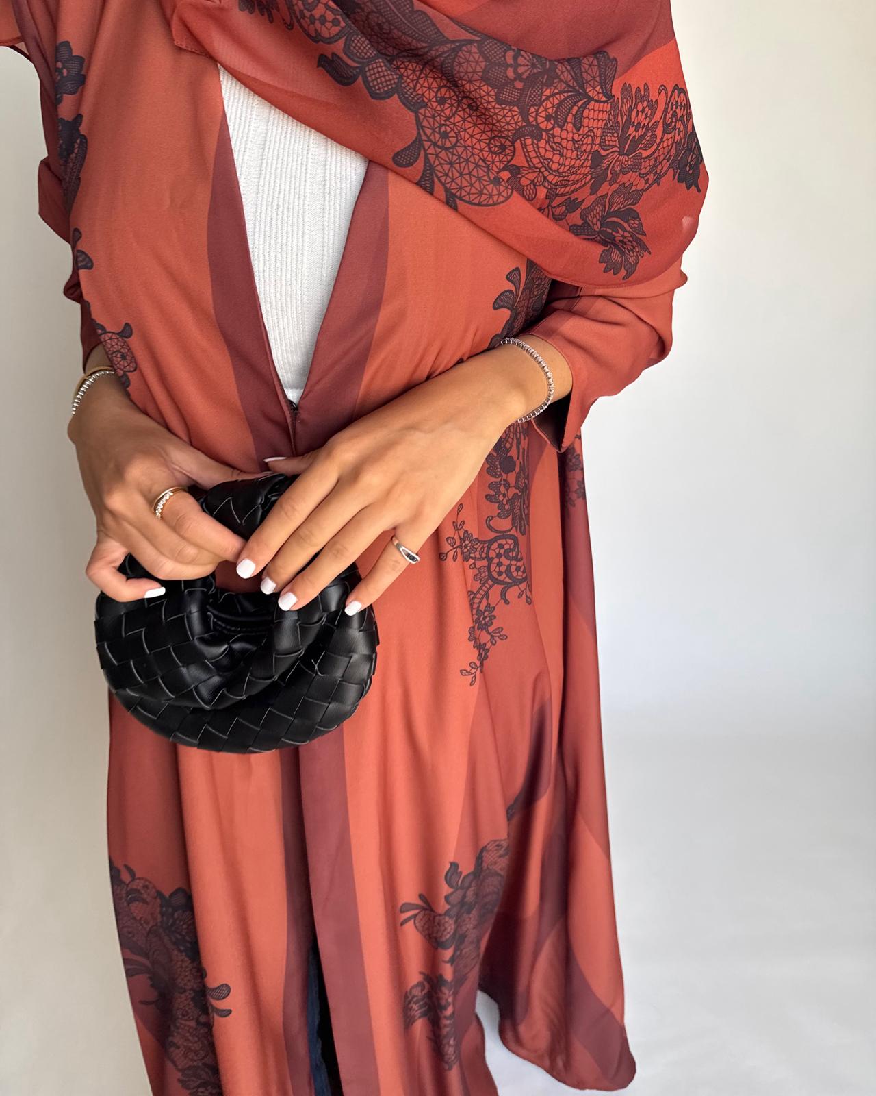 A579 - Burnt Orange Striped Abaya with Black Lace Pattern A-Cut Abaya & Matching Head Scarf