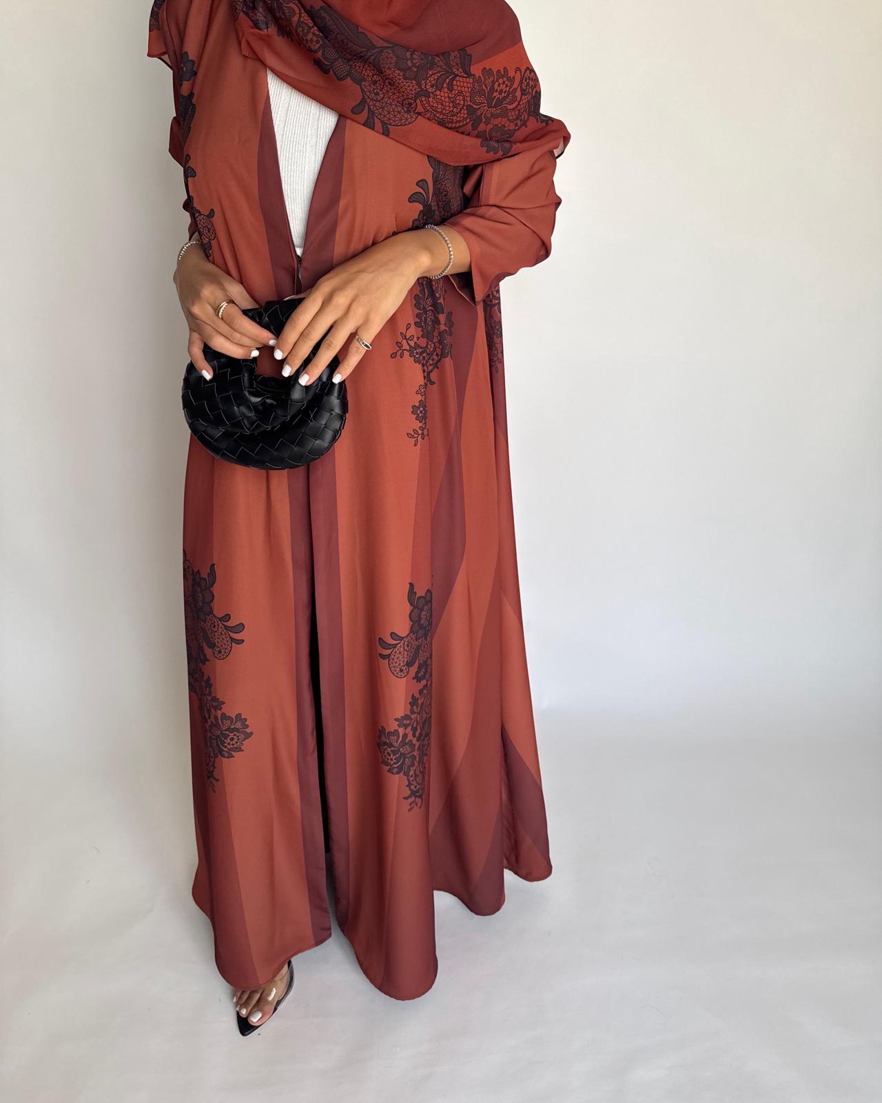 A579 - Burnt Orange Striped Abaya with Black Lace Pattern A-Cut Abaya & Matching Head Scarf