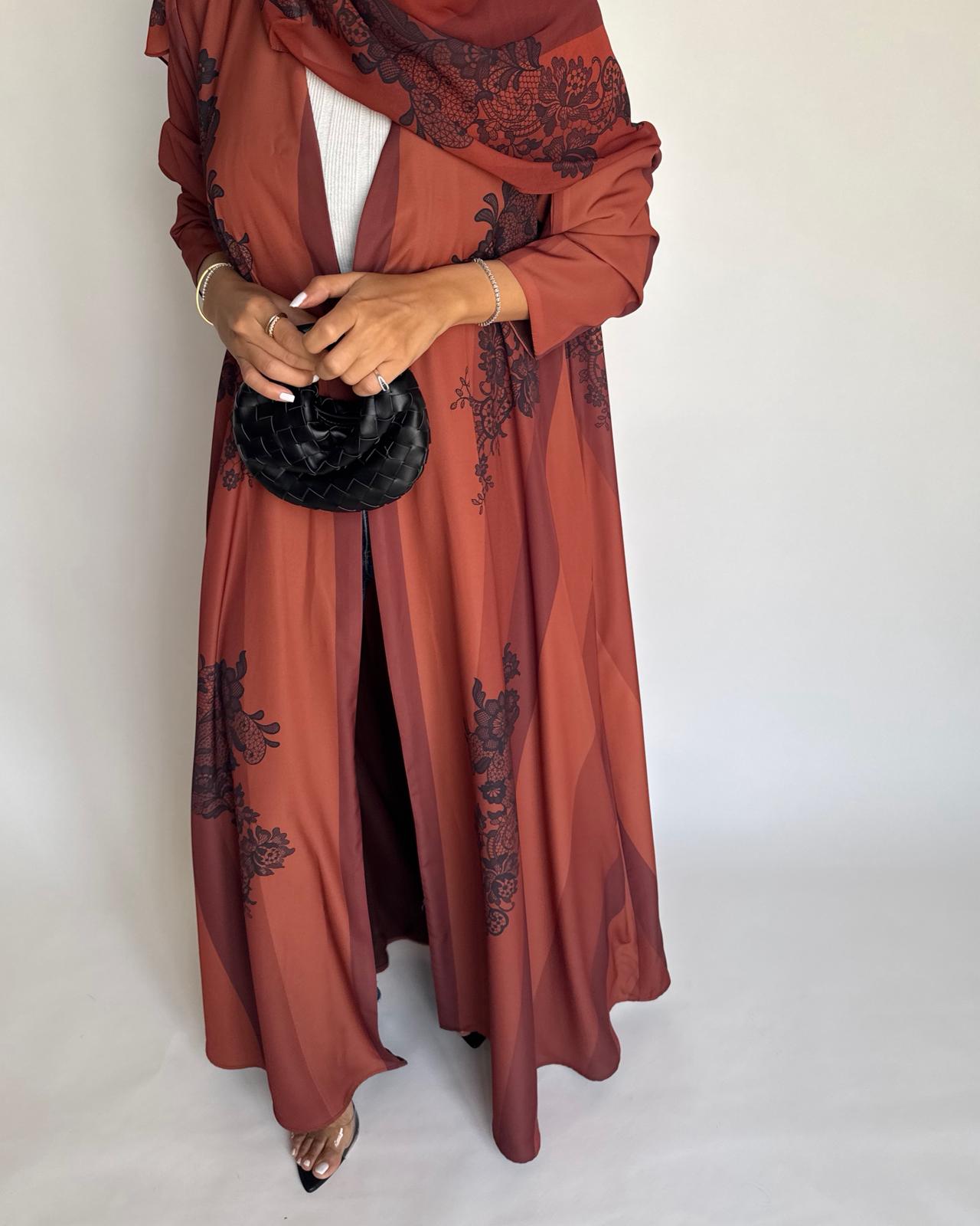 A579 - Burnt Orange Striped Abaya with Black Lace Pattern A-Cut Abaya & Matching Head Scarf