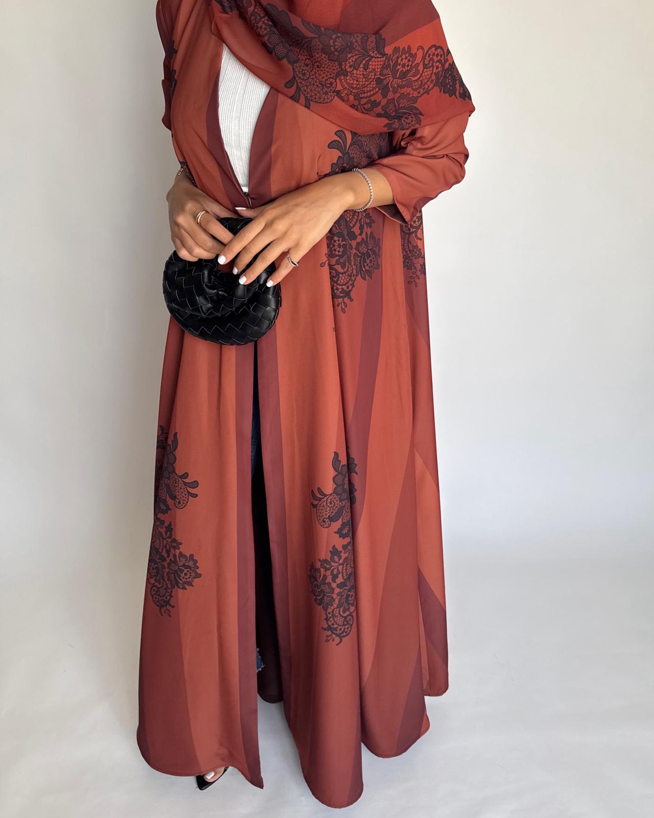 A579 - Burnt Orange Striped Abaya with Black Lace Pattern A-Cut Abaya & Matching Head Scarf