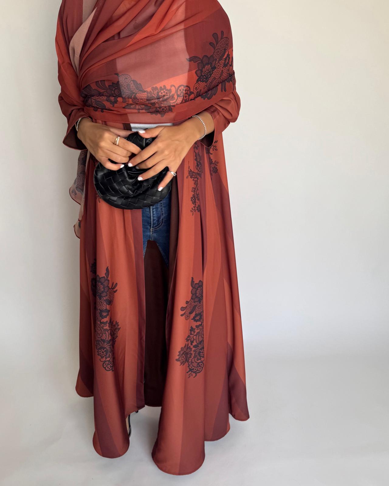 A579 - Burnt Orange Striped Abaya with Black Lace Pattern A-Cut Abaya & Matching Head Scarf