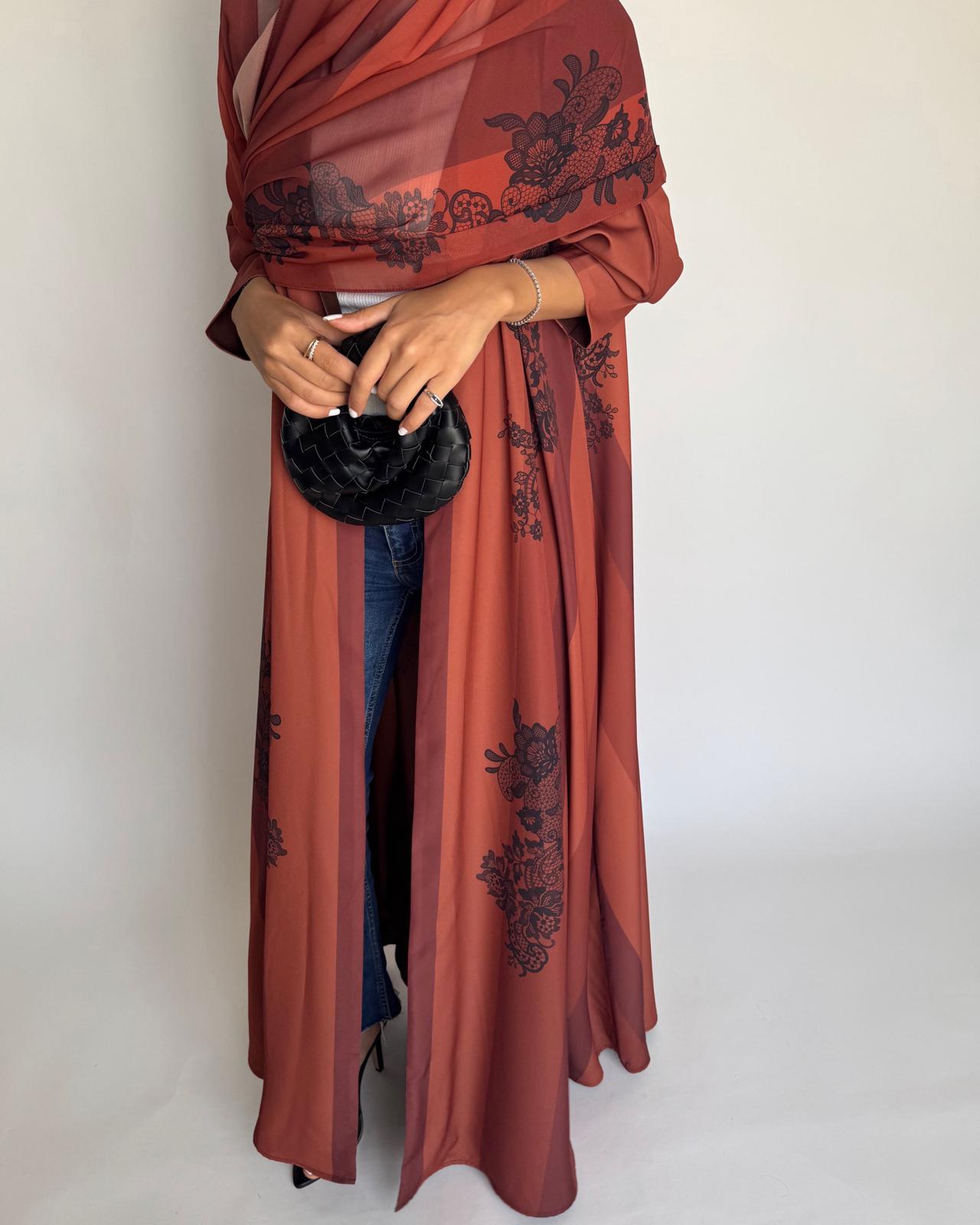 A579 - Burnt Orange Striped Abaya with Black Lace Pattern A-Cut Abaya & Matching Head Scarf