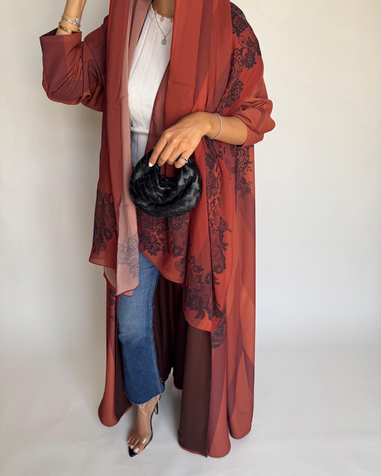 A579 - Burnt Orange Striped Abaya with Black Lace Pattern A-Cut Abaya & Matching Head Scarf