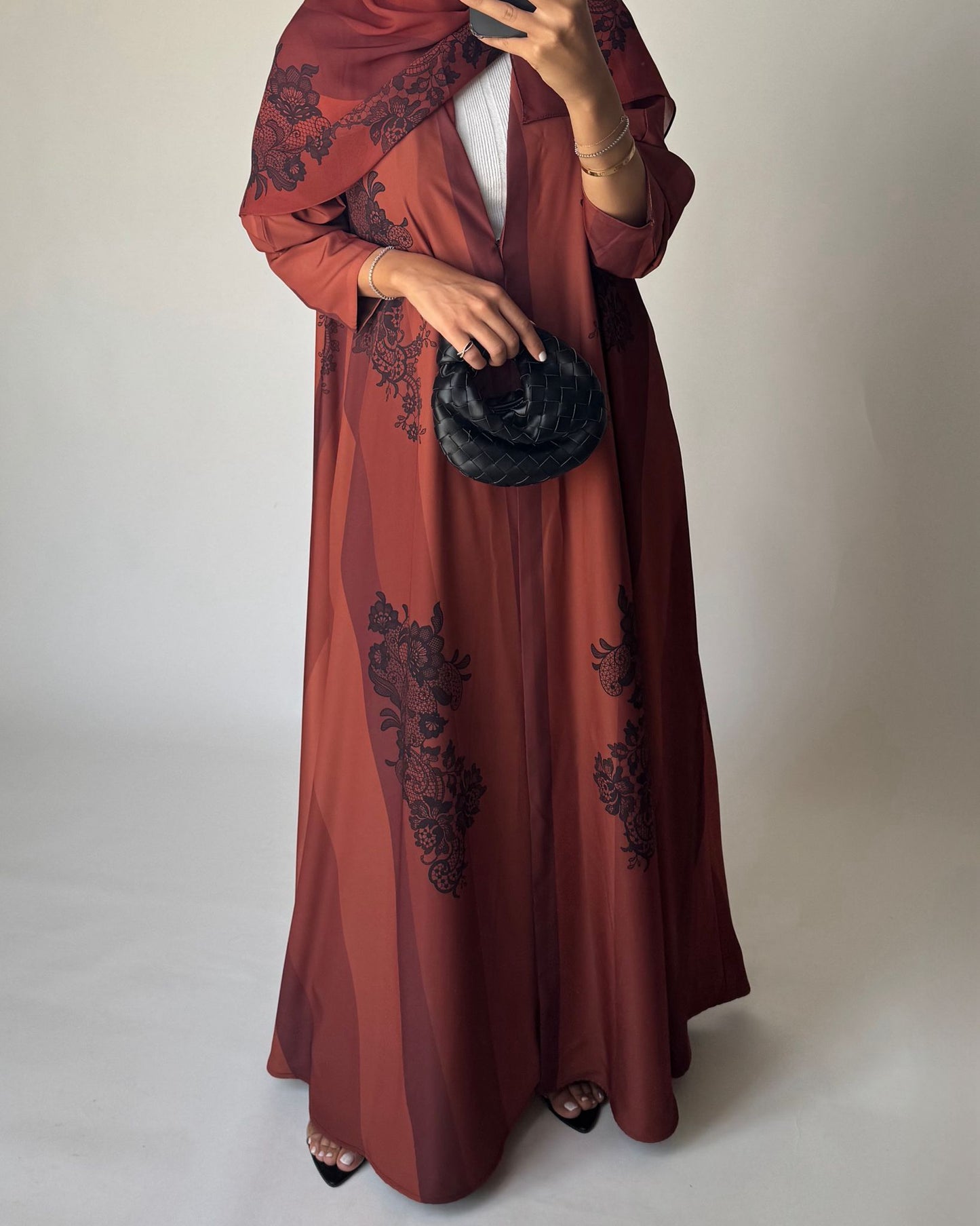 A579 - Burnt Orange Striped Abaya with Black Lace Pattern A-Cut Abaya & Matching Head Scarf