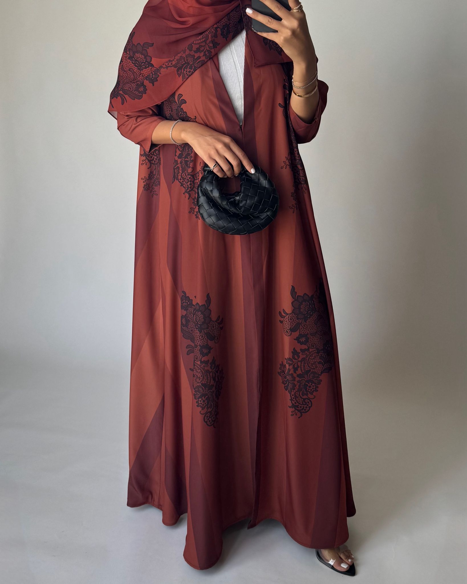 A579 - Burnt Orange Striped Abaya with Black Lace Pattern A-Cut Abaya & Matching Head Scarf