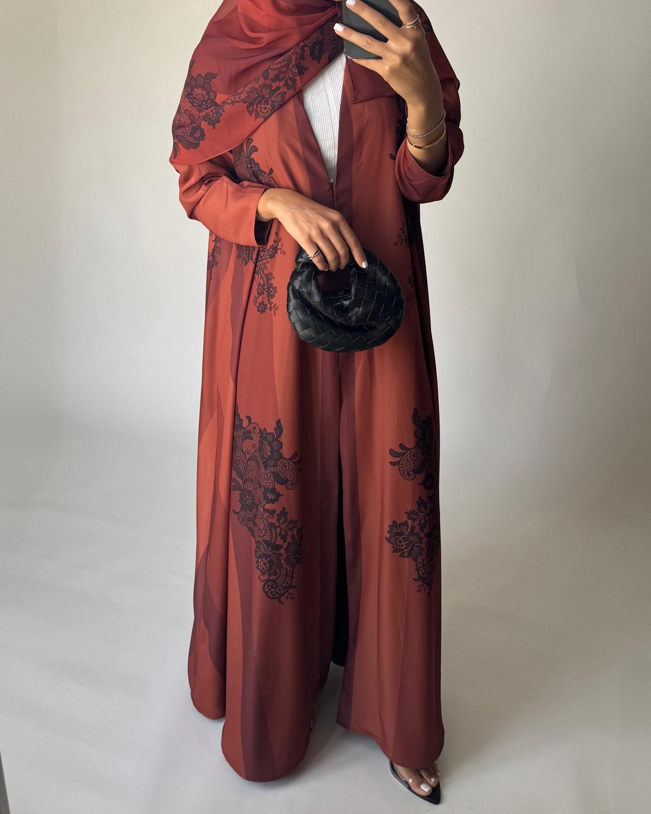 A579 - Burnt Orange Striped Abaya with Black Lace Pattern A-Cut Abaya & Matching Head Scarf