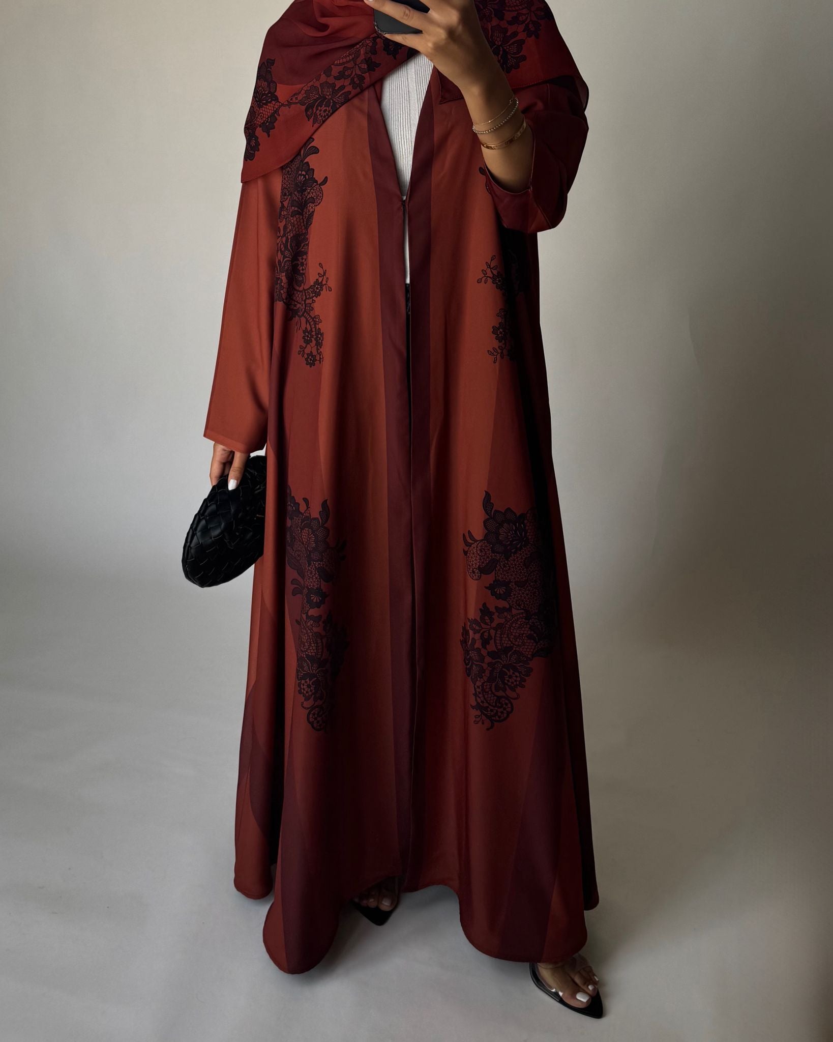 A579 - Burnt Orange Striped Abaya with Black Lace Pattern A-Cut Abaya & Matching Head Scarf