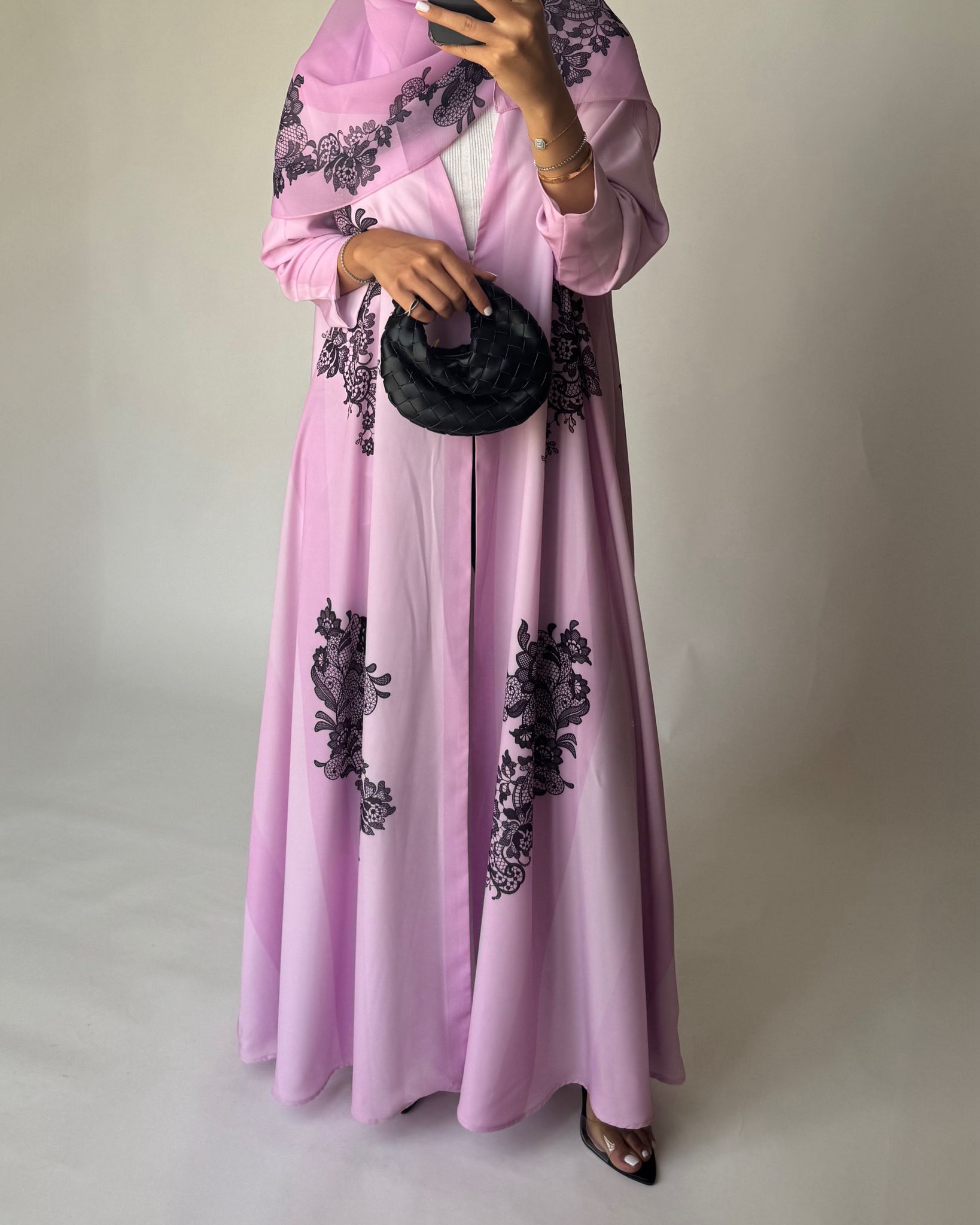 A576 - Pink Striped Abaya with Black Lace Pattern A-Cut Abaya & Matching Head Scarf