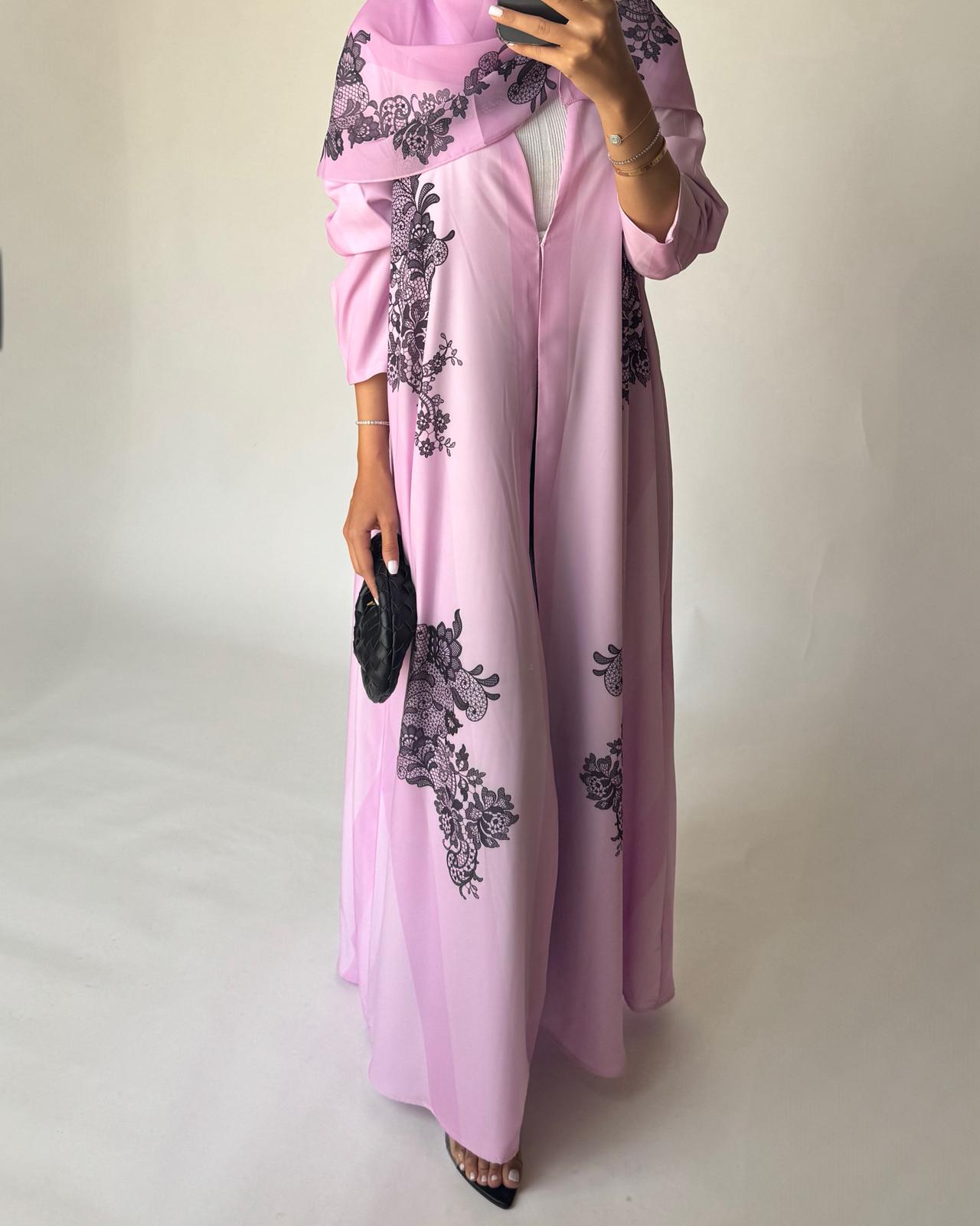 A576 - Pink Striped Abaya with Black Lace Pattern A-Cut Abaya & Matching Head Scarf