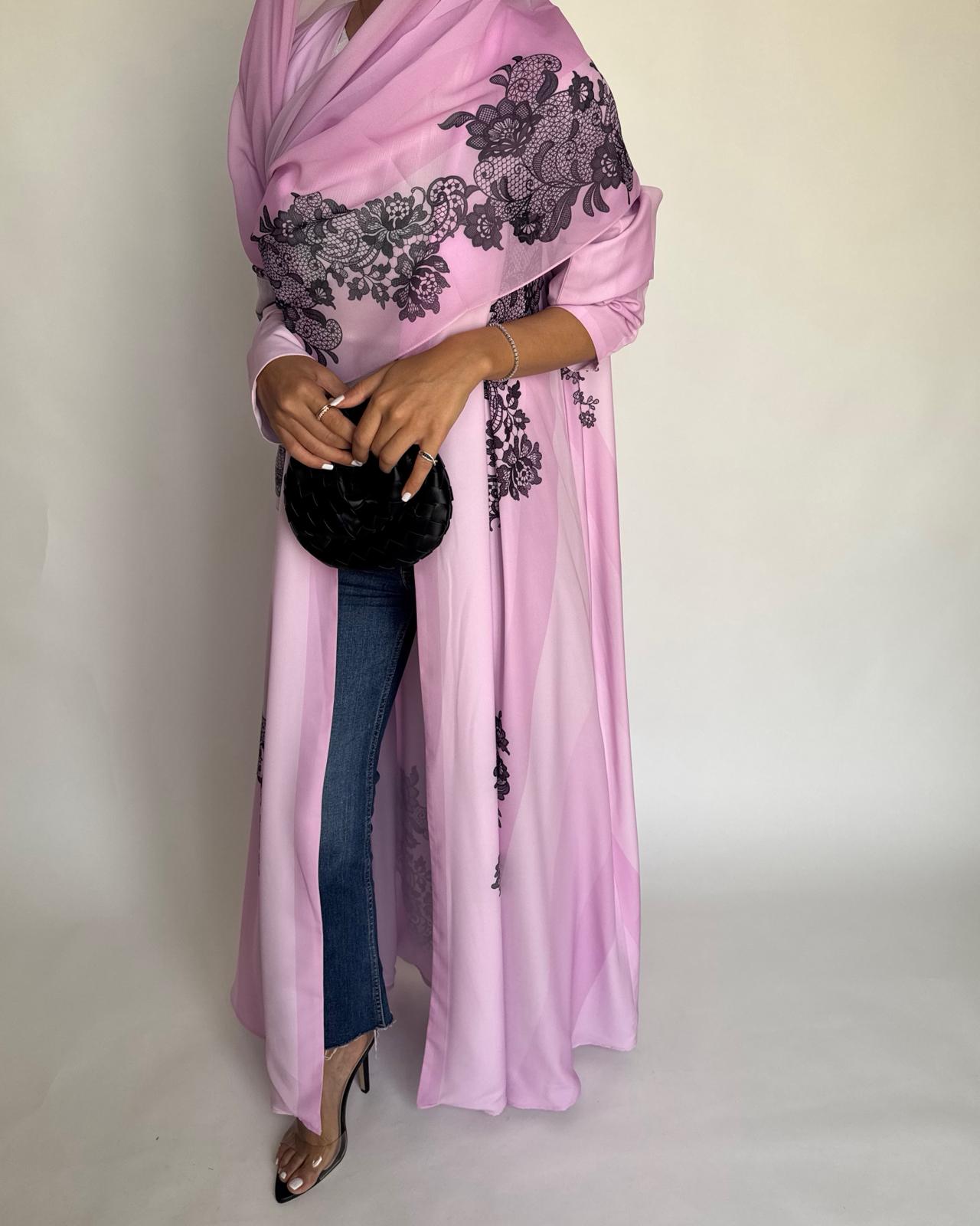 A576 - Pink Striped Abaya with Black Lace Pattern A-Cut Abaya & Matching Head Scarf