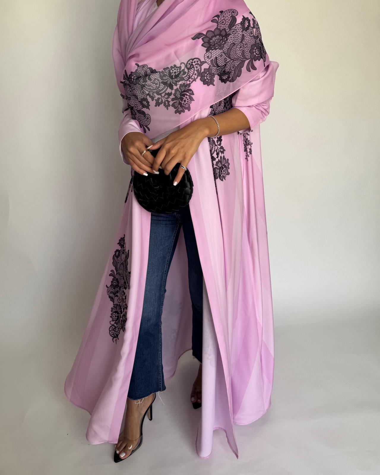 A576 - Pink Striped Abaya with Black Lace Pattern A-Cut Abaya & Matching Head Scarf