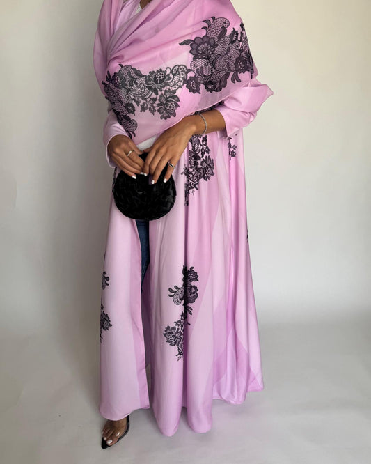 A576 - Pink Striped Abaya with Black Lace Pattern A-Cut Abaya & Matching Head Scarf
