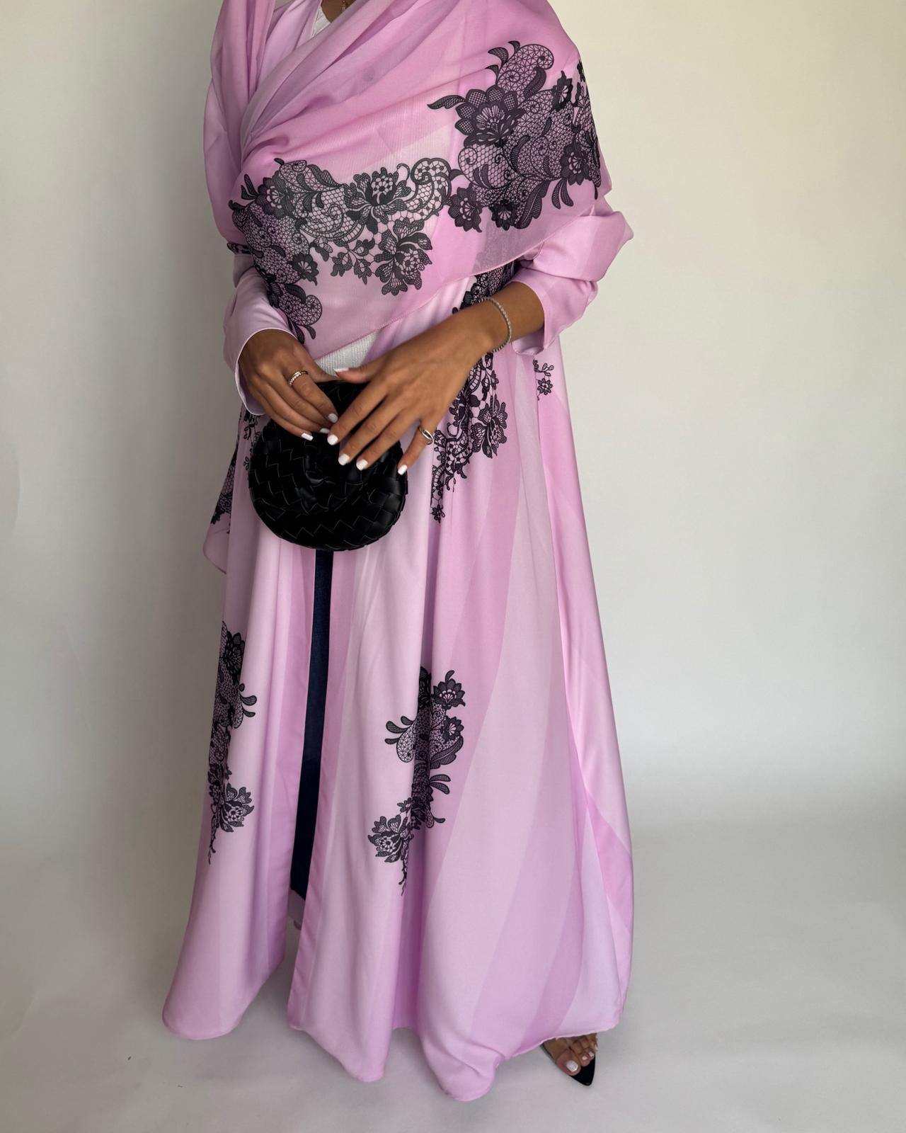 A576 - Pink Striped Abaya with Black Lace Pattern A-Cut Abaya & Matching Head Scarf