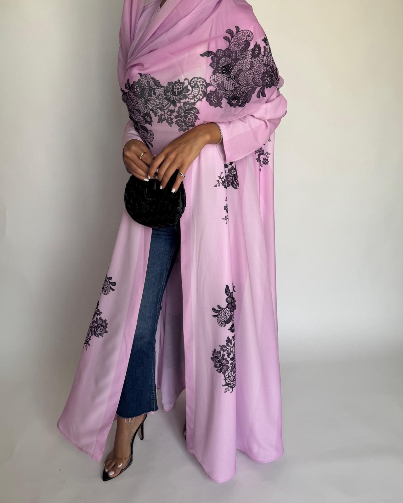 A576 - Pink Striped Abaya with Black Lace Pattern A-Cut Abaya & Matching Head Scarf