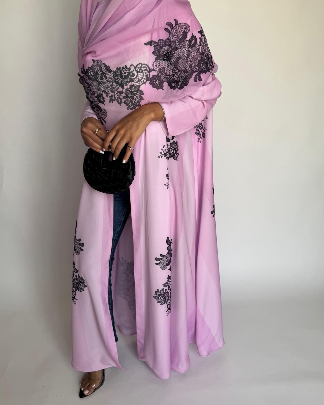 A576 - Pink Striped Abaya with Black Lace Pattern A-Cut Abaya & Matching Head Scarf