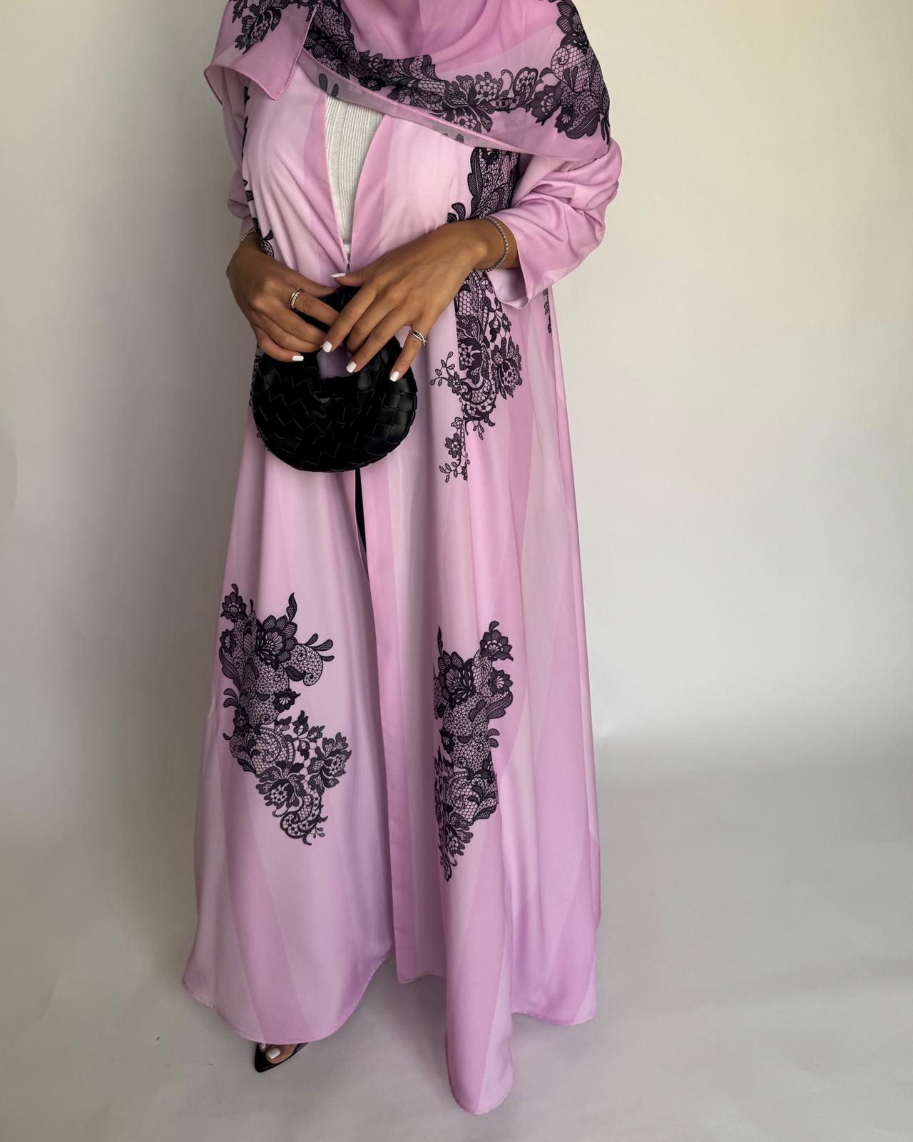 A576 - Pink Striped Abaya with Black Lace Pattern A-Cut Abaya & Matching Head Scarf