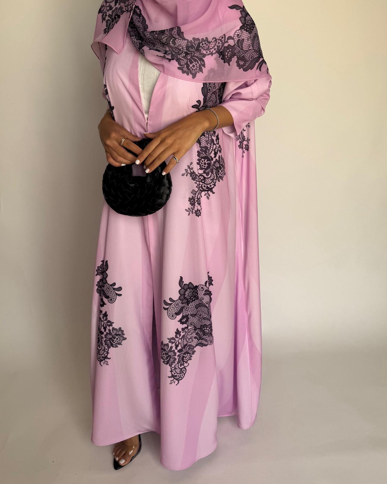 A576 - Pink Striped Abaya with Black Lace Pattern A-Cut Abaya & Matching Head Scarf
