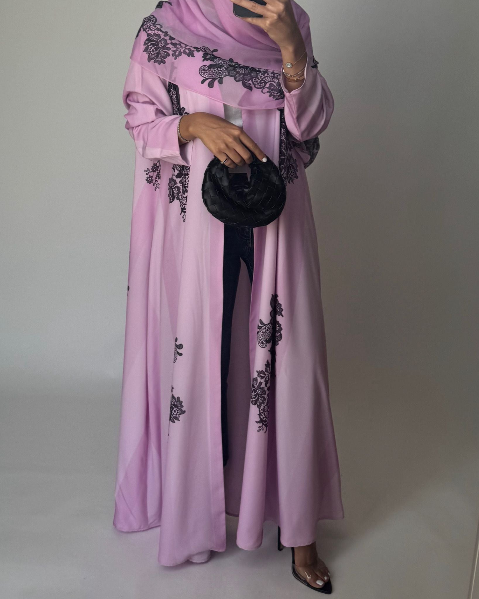 A576 - Pink Striped Abaya with Black Lace Pattern A-Cut Abaya & Matching Head Scarf