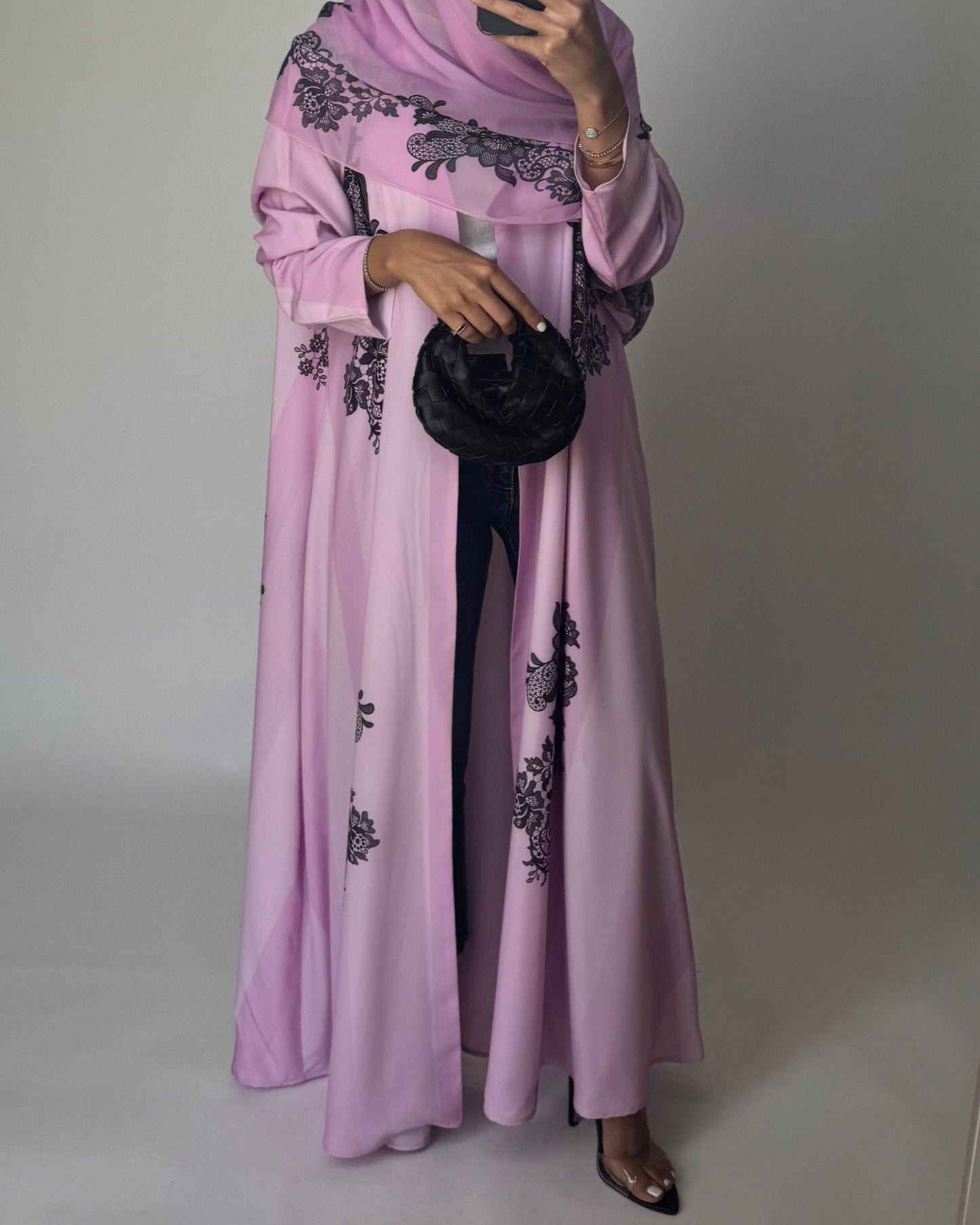 A576 - Pink Striped Abaya with Black Lace Pattern A-Cut Abaya & Matching Head Scarf