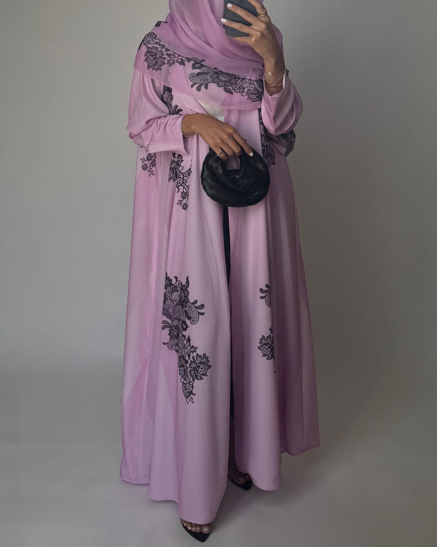 A576 - Pink Striped Abaya with Black Lace Pattern A-Cut Abaya & Matching Head Scarf