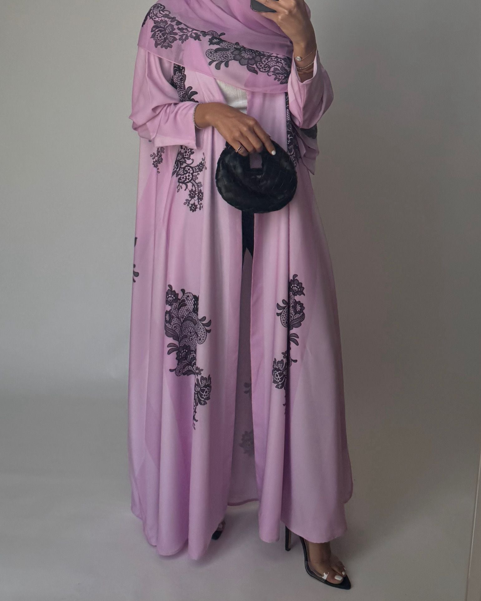 A576 - Pink Striped Abaya with Black Lace Pattern A-Cut Abaya & Matching Head Scarf