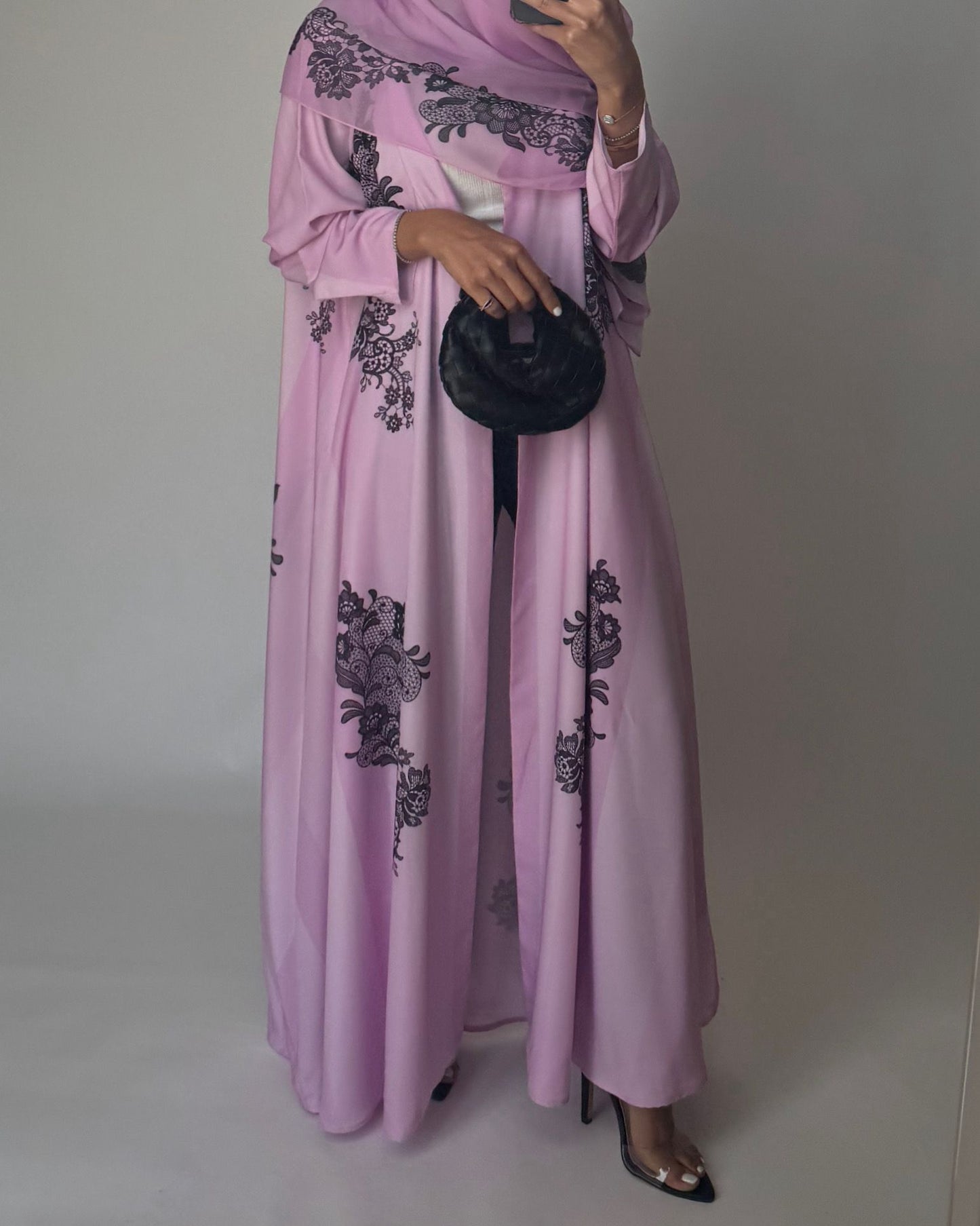 A576 - Pink Striped Abaya with Black Lace Pattern A-Cut Abaya & Matching Head Scarf