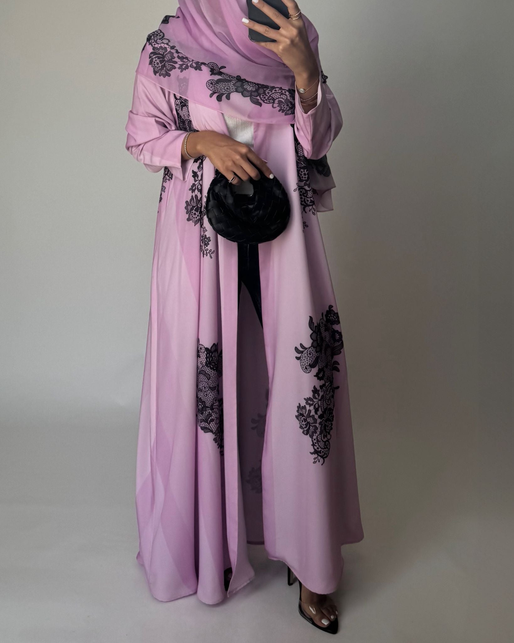 A576 - Pink Striped Abaya with Black Lace Pattern A-Cut Abaya & Matching Head Scarf