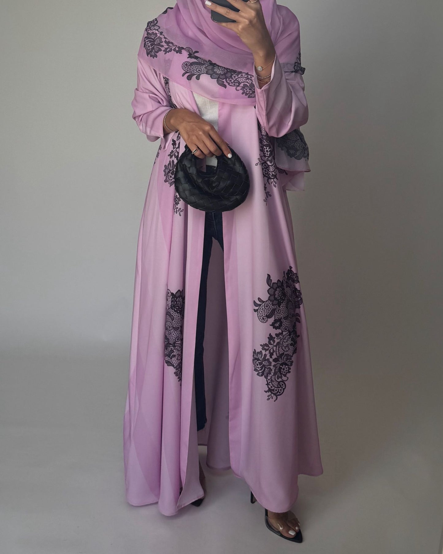 A576 - Pink Striped Abaya with Black Lace Pattern A-Cut Abaya & Matching Head Scarf