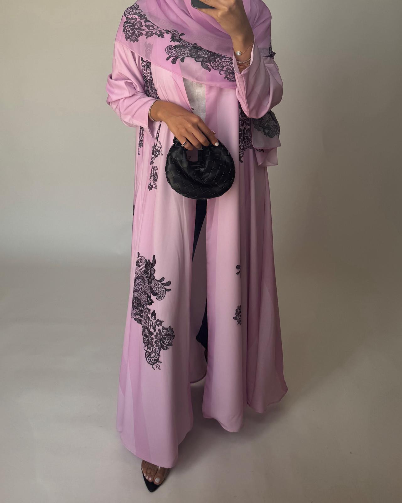 A576 - Pink Striped Abaya with Black Lace Pattern A-Cut Abaya & Matching Head Scarf