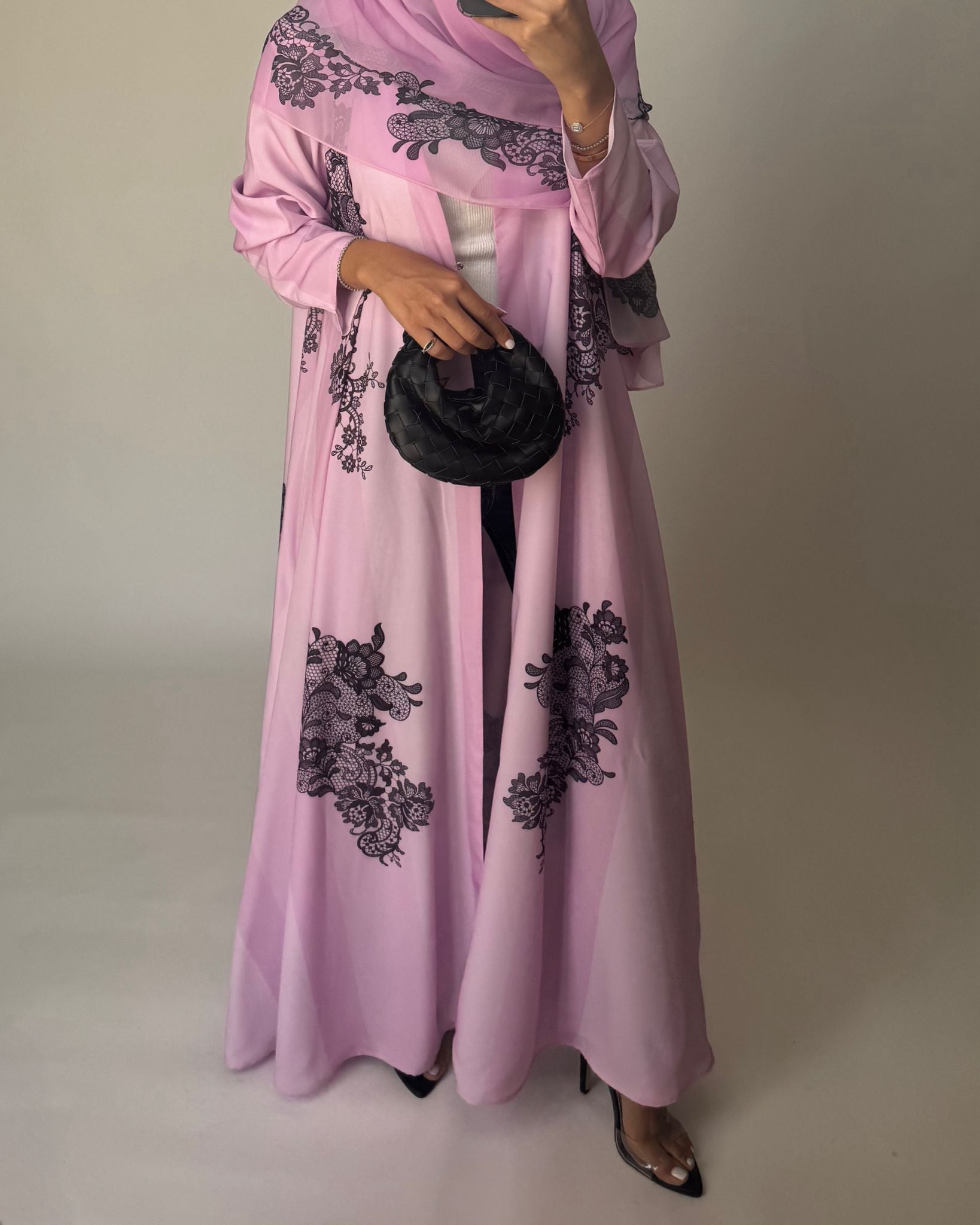 A576 - Pink Striped Abaya with Black Lace Pattern A-Cut Abaya & Matching Head Scarf