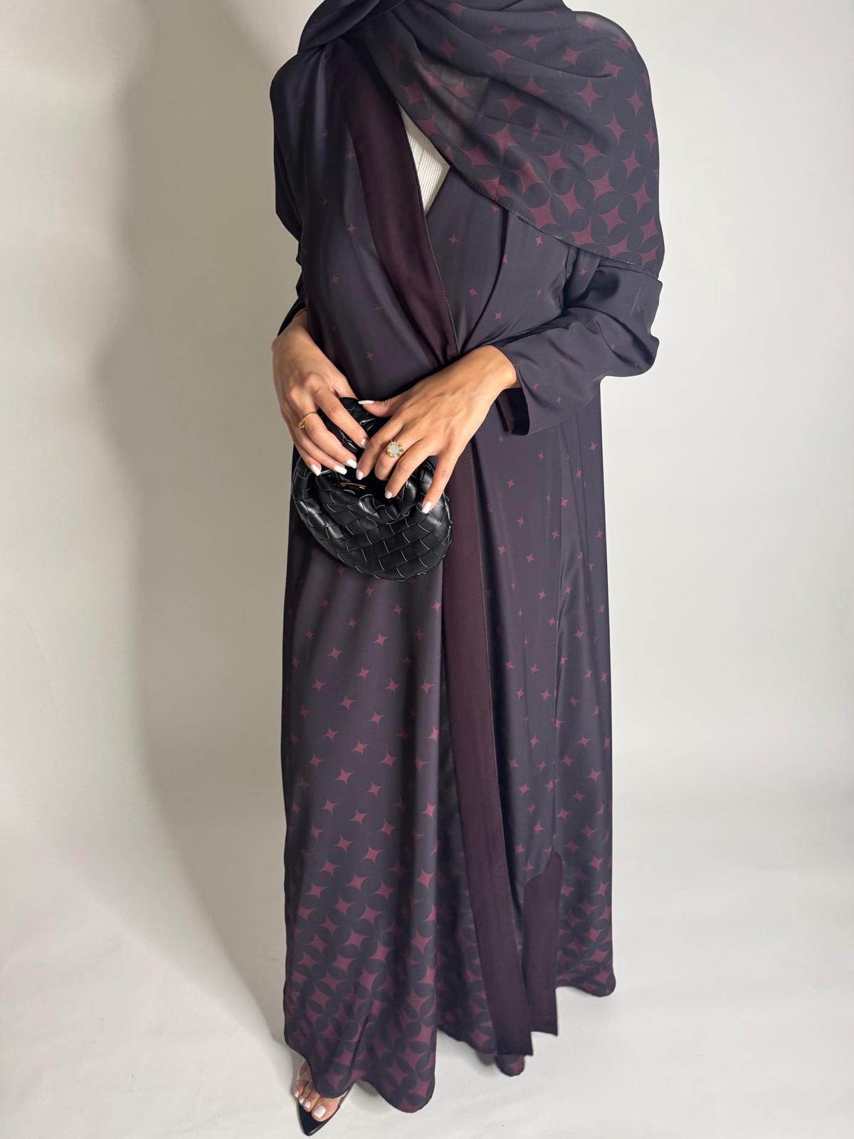 A587 - Burgandy Maroon Stars A-Cut Pattern Abaya & Matching Head Scarf