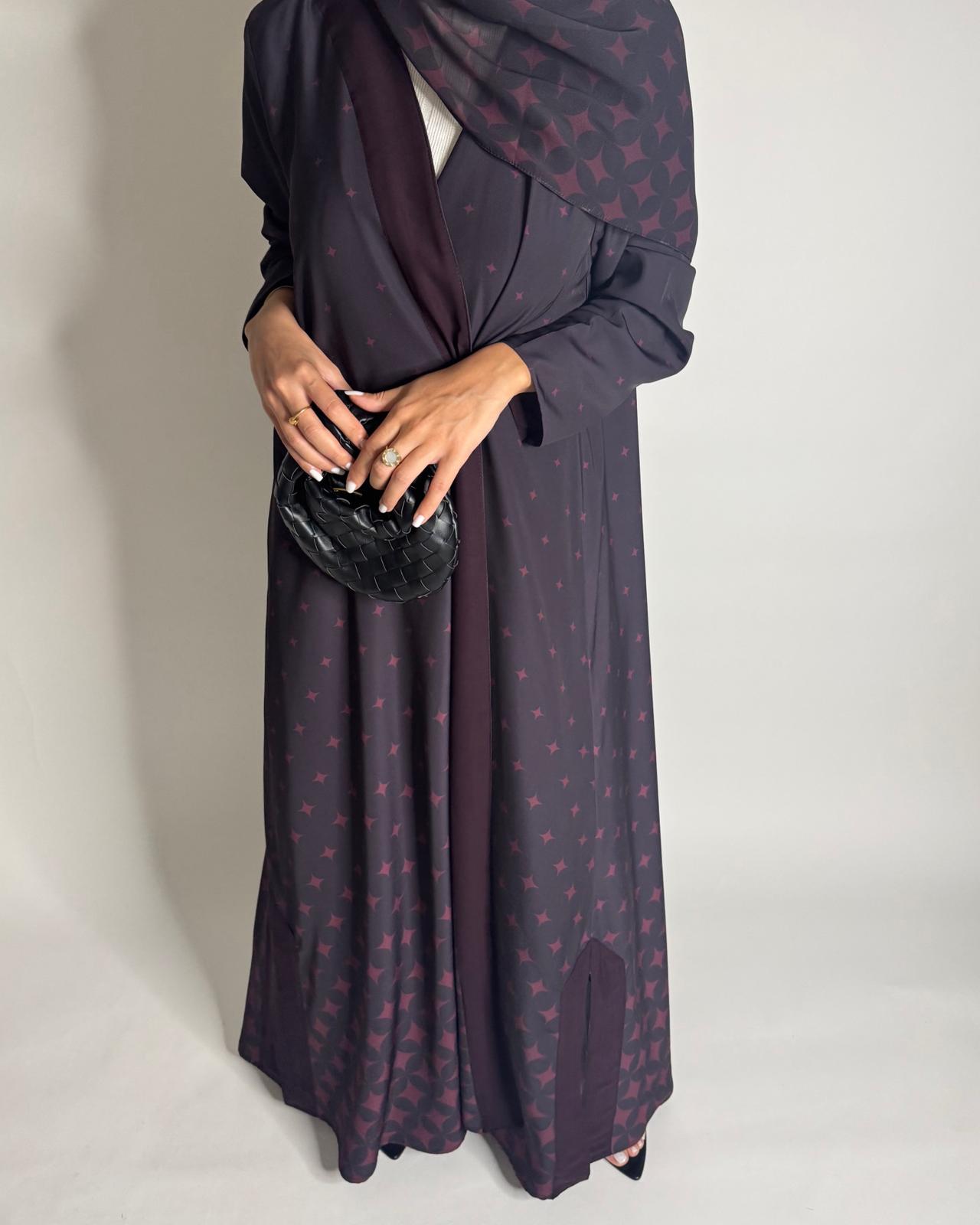A587 - Burgandy Maroon Stars A-Cut Pattern Abaya & Matching Head Scarf