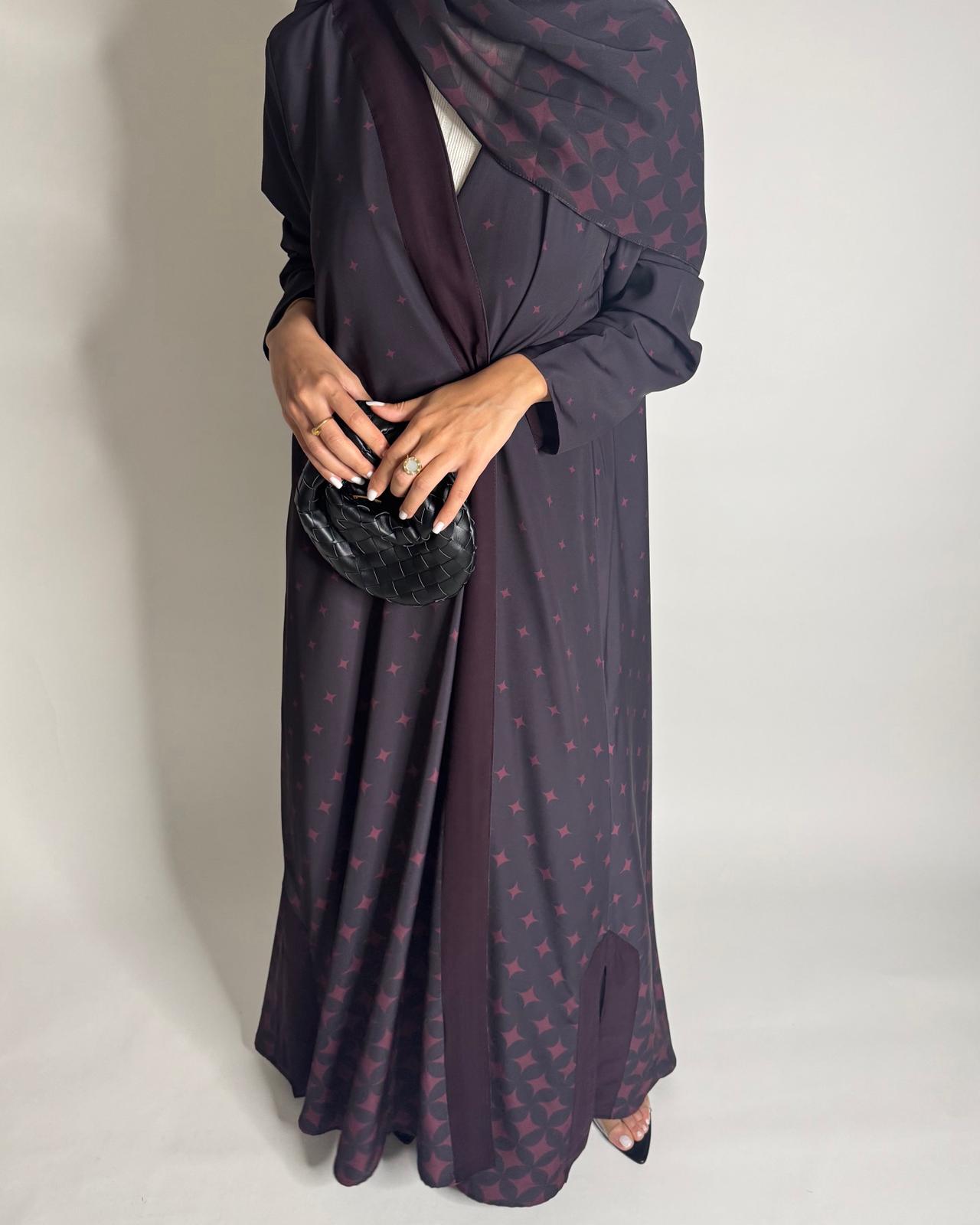 A587 - Burgandy Maroon Stars A-Cut Pattern Abaya & Matching Head Scarf