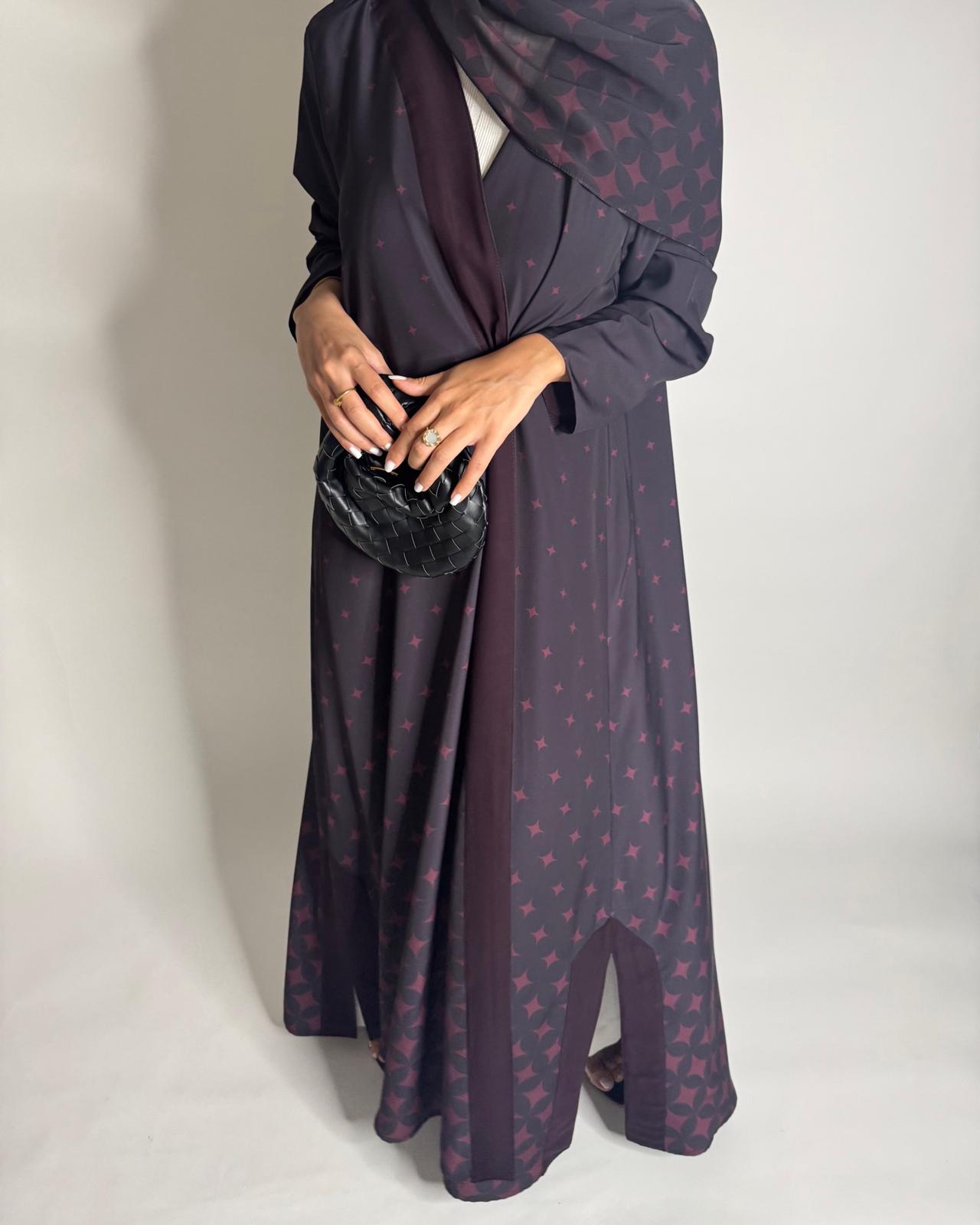 A587 - Burgandy Maroon Stars A-Cut Pattern Abaya & Matching Head Scarf