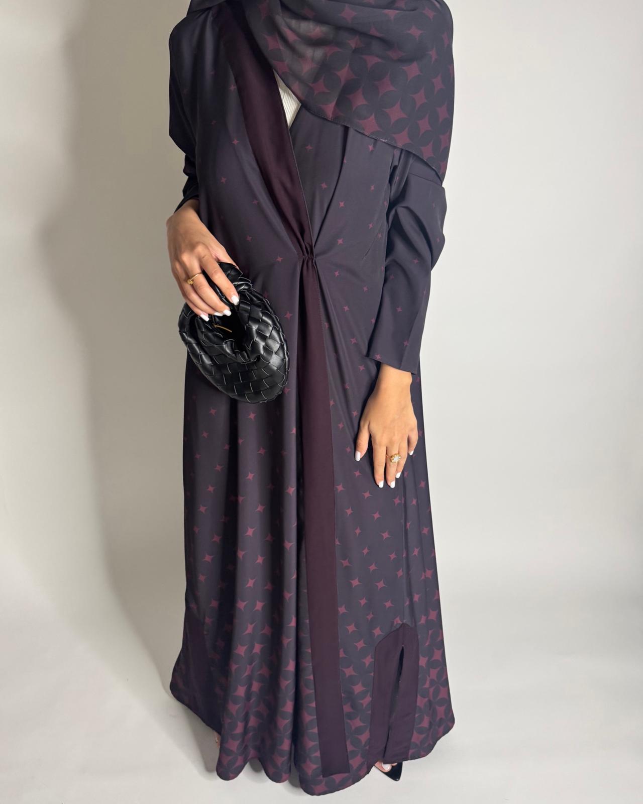 A587 - Burgandy Maroon Stars A-Cut Pattern Abaya & Matching Head Scarf