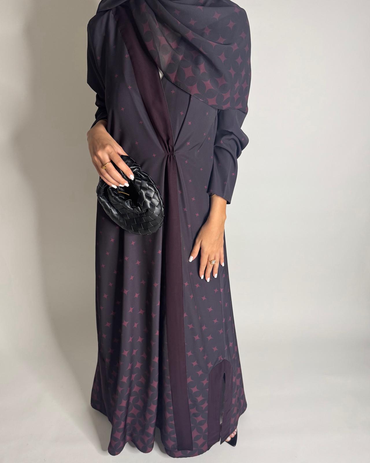 A587 - Burgandy Maroon Stars A-Cut Pattern Abaya & Matching Head Scarf