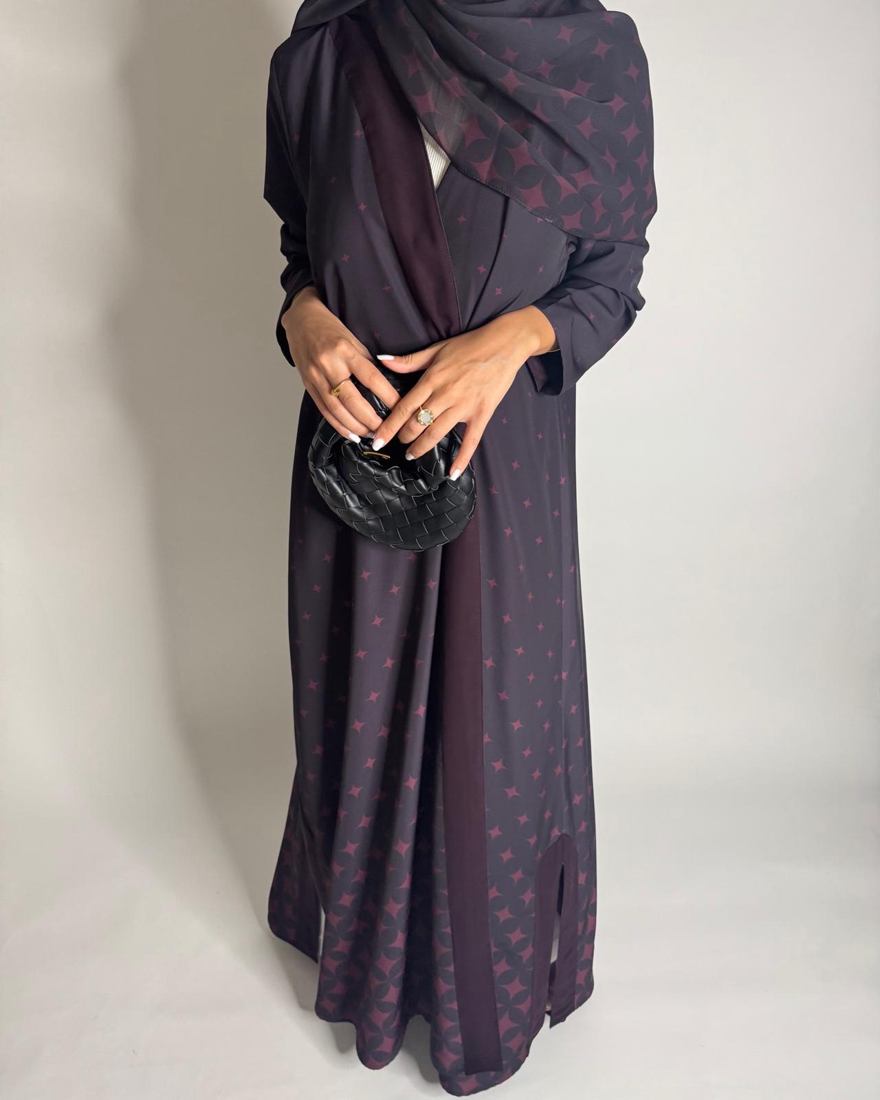 A587 - Burgandy Maroon Stars A-Cut Pattern Abaya & Matching Head Scarf