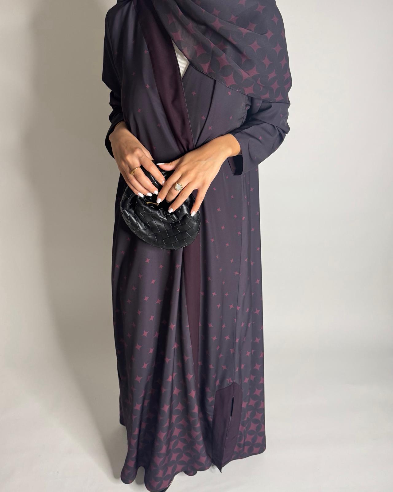 A587 - Burgandy Maroon Stars A-Cut Pattern Abaya & Matching Head Scarf