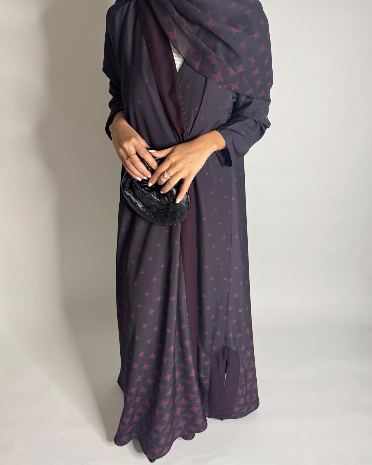 A587 - Burgandy Maroon Stars A-Cut Pattern Abaya & Matching Head Scarf