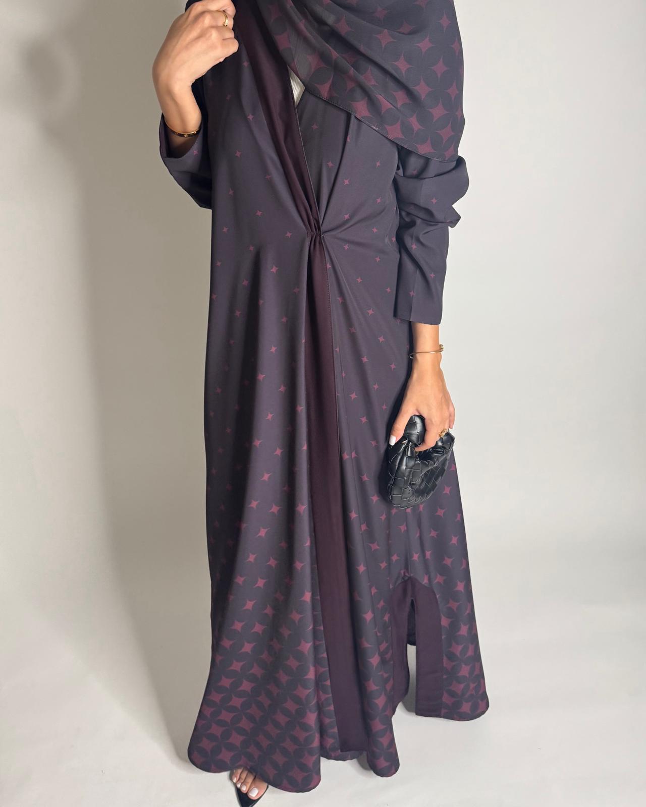 A587 - Burgandy Maroon Stars A-Cut Pattern Abaya & Matching Head Scarf