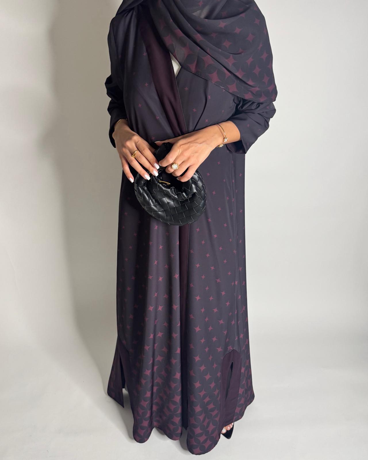 A587 - Burgandy Maroon Stars A-Cut Pattern Abaya & Matching Head Scarf