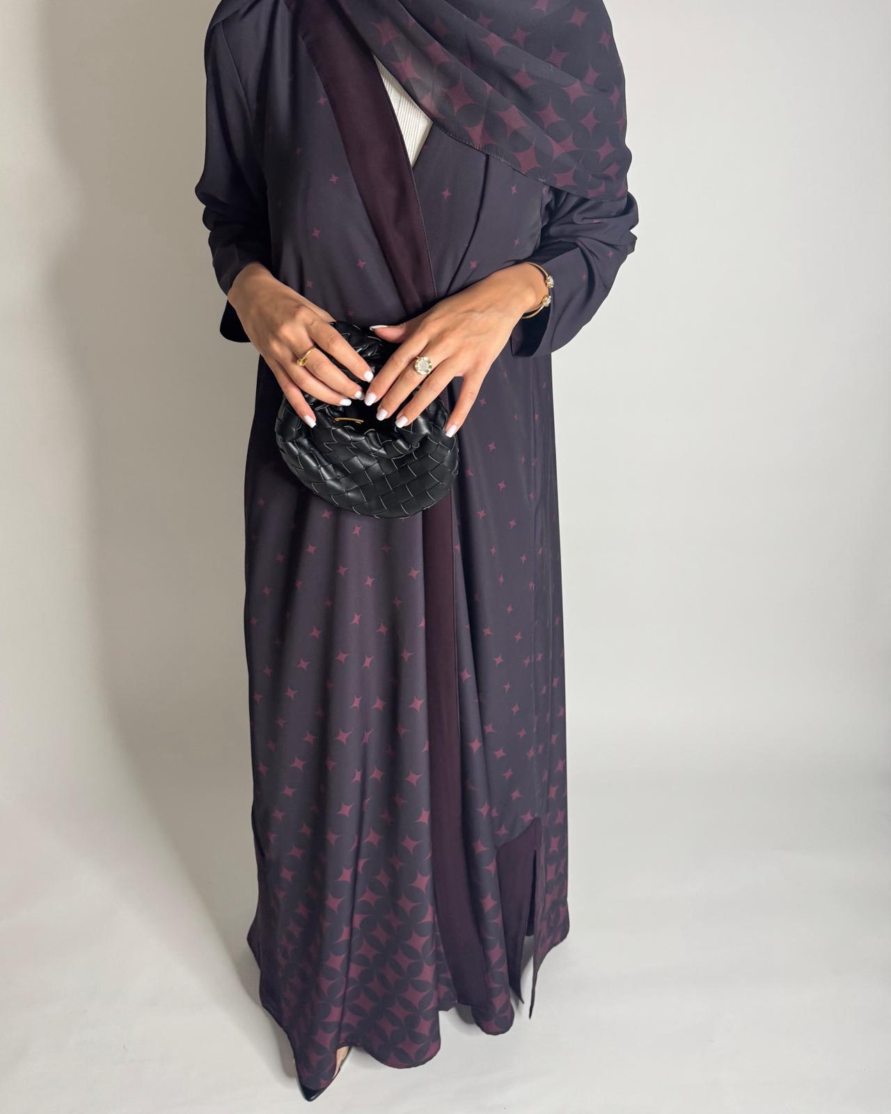 A587 - Burgandy Maroon Stars A-Cut Pattern Abaya & Matching Head Scarf