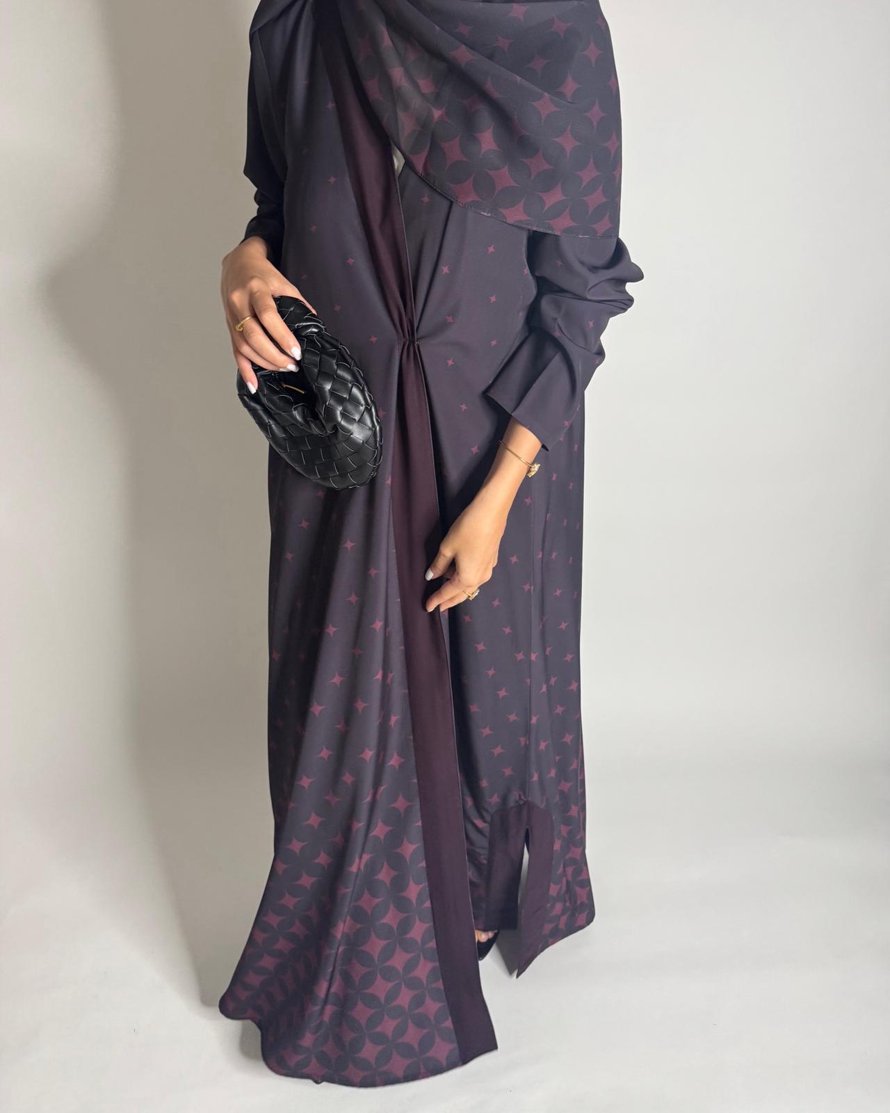 A587 - Burgandy Maroon Stars A-Cut Pattern Abaya & Matching Head Scarf