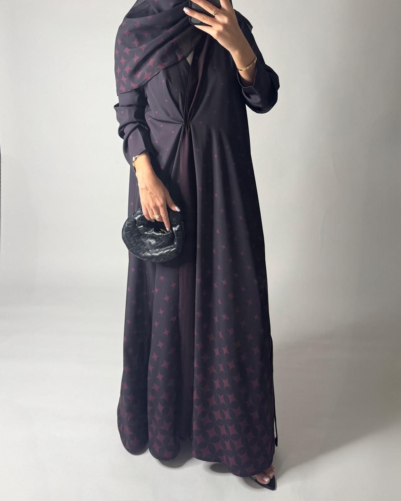 A587 - Burgandy Maroon Stars A-Cut Pattern Abaya & Matching Head Scarf