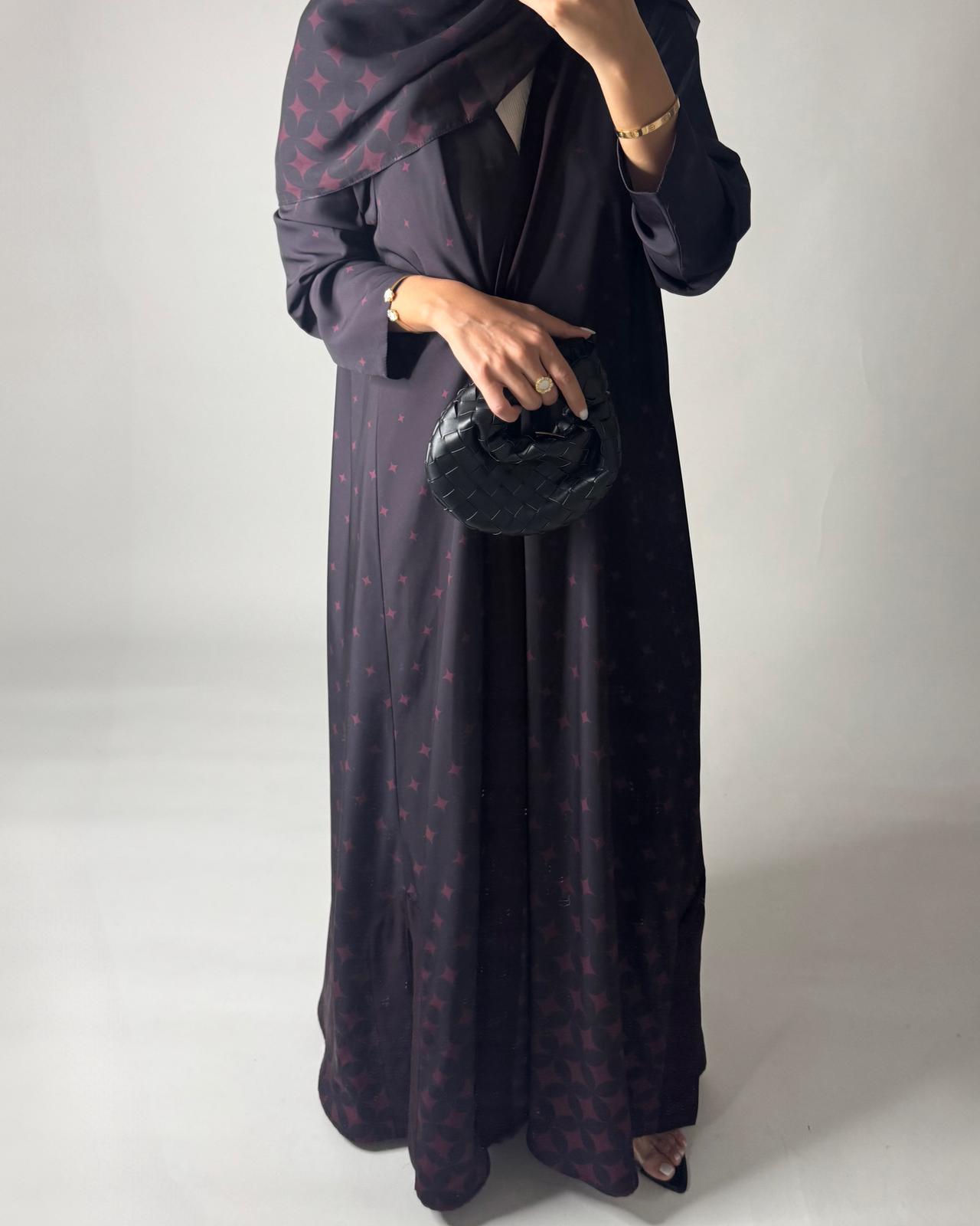A587 - Burgandy Maroon Stars A-Cut Pattern Abaya & Matching Head Scarf